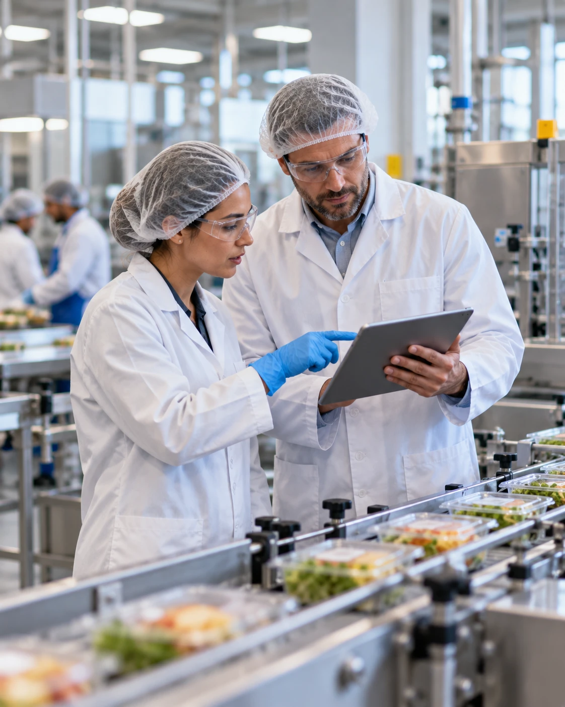 A food production team working on a modern processing line