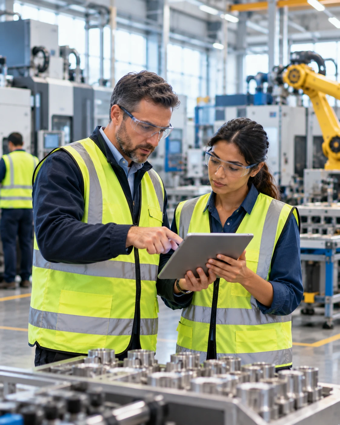 A manufacturing team reviewing production on a modern plant floor
